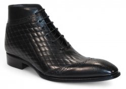 Duca Di Matiste "Lauro" Black Genuine Italian Calf Leather Quilt Print Ankle Boots.