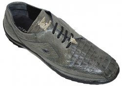 La Scarpa "Hector" Grey Genuine Hornback Crocodile And Ostrich Leg Casual Sneakers With Silver Alligator On Front