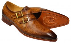 Carrucci Cognac Hand Speckled / Burnished Calfskin Double Monk Strap Shoes KS503-37.