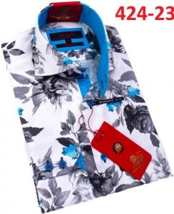Axxess White / Blue / Grey Leaf Cotton Modern Fit Dress Shirt With Button Cuff 424-23