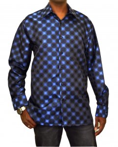 Bagazio Sapphire Blue / Black Checkerboard Design Microfiber Casual Long Sleeves Shirt With Matching Pocket Square BM1195