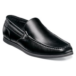 Stacy Adams "Coy" Black With Grey Stitching / Perforated Trim Design Moc Toe Genuine Leather Lined Loafer Shoes 25041-001