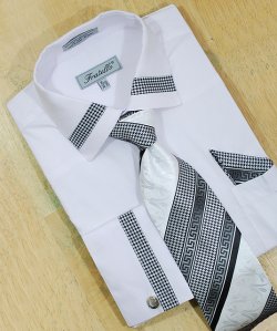 Fratello White With Black / White Custom Houndstooth Trimming Shirt/Tie/Hanky Set With Free Cuff links FRV4109P2