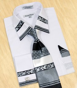 Daniel Ellissa White / Black Paisley Unique Design Shirt / Tie / Hanky Set With Free Cufflinks DS3751P2