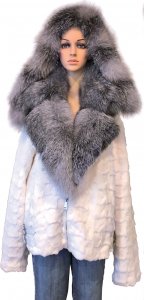 Winter Fur Ladies White Genuine Diamond Mink Motor Jacket With Fox Collar And Hood W49S07WT.
