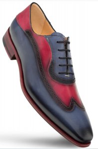 Mezlan "S20322" Blue/Burgundy Genuine Calf-Skin Leather Hand-Stained Two-Tone Oxford Shoes.