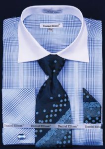 Daniel Ellissa Blue / White Checker Pattern Two Tone Shirt / Tie / Hanky Set With Free Cufflinks DS3766P2