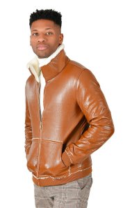 Barabas Cognac / Off-White PU Leather Modern Fit Sherpa Lined Bomber Jacket BH76