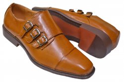 Antonio Cerrelli Camel PU Leather Cap Toe Loafer Shoes With Triple Monk Straps 6679