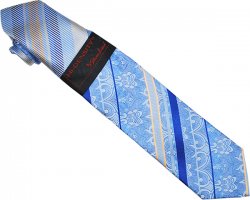 Hi-Density By Steven Land SL012 Sky Blue / Royal Blue / Peach Diagonal Paisley Stripe Design 100% Woven Silk Necktie/Hanky Set