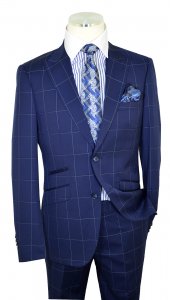 I-Deal Navy Blue / White Windowpane Super 150's Wool Modern Fit Suit AM223-2