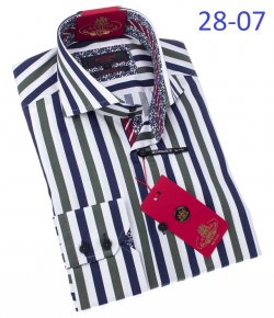 Axxess White / Blue / Green Stripes 100% Cotton Modern Fit Dress Shirt 28-07.