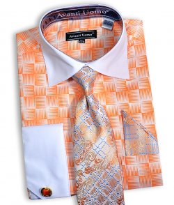 Avanti Uomo White / Peach Geometric Design Shirt / Tie / Hanky / Cufflink Set DN79M