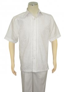 Prestige White Woven Laced Front Pure Linen Short Sleeve Outfit LUX-799