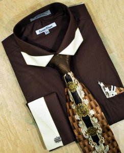 Daniel Ellissa Brown With Cream Trimming Polygonal Spread Collar Shirt/Tie/Hanky Set DS3750P2