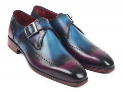 Paul Parkman "948-BLU-PRP" Blue / Purple Genuine Leather Monkstraps Loafer.