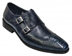 David X "Ethan" Navy Genuine Ostrich / Calf Hand-Burnished Leather Shoes With Double Monk Strap.