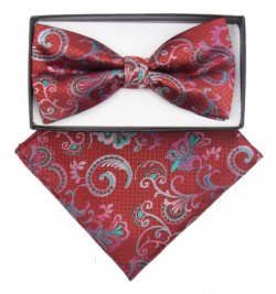 Classico Italiano Red / Pink / Sea Green Floral Design Silk Bow Tie / Hanky Set BH2466