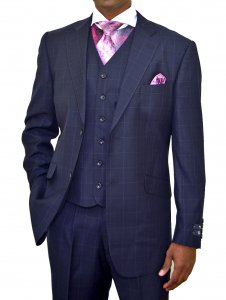 Statement Confidence Navy With Pink Micro Windowpane Design Super 150's Wool Vested Suit TZ-812