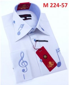 Axxess Light Blue Combo Music Note Embroidered Cotton Modern Fit Dress Shirt With French Cuff M224-57.