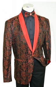 Cielo Red / Black / Metallic Gold Laced Satin Classic Fit Blazer / Bow Tie B6381