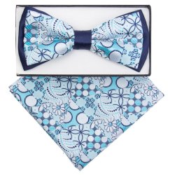 Classico Italiano Navy Blue / Aqua Blue / White Paisley Design Double Layer 100% Silk Bow Tie / Hanky Set TTB1015