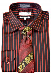Avanti Uomo Black / Red Striped Cotton Blend Slim Fit Shirt / Tie Set DNS09