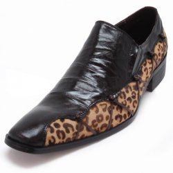 Fiesso Black / Leopard Genuine Leather Loafer Shoes With Weaved On Side FI6676