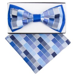 Classico Italiano Royal Blue / Silver Blue / White Checkerboard Double Layer 100% Silk Bow Tie / Hanky Set TTB1028