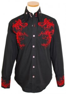 Manzini Black/Red Embroidered Long Sleeves 100% Cotton Shirt MZ-58
