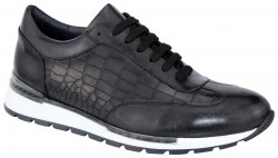 Duca Di Matiste "Varsi" Black Genuine Italian Calfskin Leather / Crocodile Print Lace-Up Sneakers.