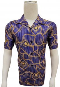 Pronti Royal Blue / Gold Medusa Greek Chain Design Short Sleeve Shirt S6670