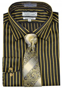 Avanti Uomo Black / Mustard Striped Cotton Blend Slim Fit Shirt / Tie Set DNS09