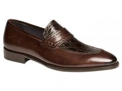Mezlan "Ciardi" Brown Genuine Crocodile/Hand-Burnished Calfskin Exotic Penny Loafer Shoes