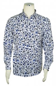 Sangi by Bassiri White / Navy / Blue Floral Print Long Sleeve Casual Shirt S1042