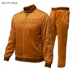 Prestige Gold / Black Velour Greek Design Tracksuit Outfit JGS-137
