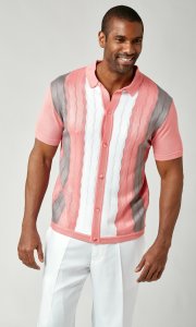 Stacy Adams Pink / Grey / White Button Up Knitted Short Sleeve Shirt 1214