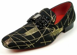 Fiesso Gold / Black Genuine Suede Rhinestone Ornamented Slip On Shoes FI7426.