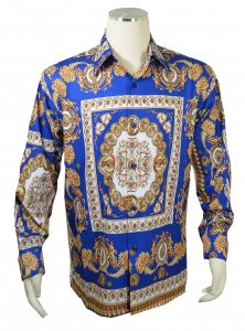 Pronti Royal Blue / Gold / White Greek Pattern Long Sleeve Shirt S6598