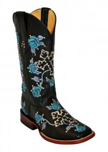 Ferrini Ladies 81093-25 Black "Floral Cross" Genuine Cowhide Boots