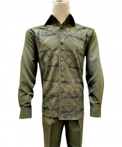 Pronti Olive Green / Metallic Gold Greek Patterned Long Sleeve Outfit SP6708
