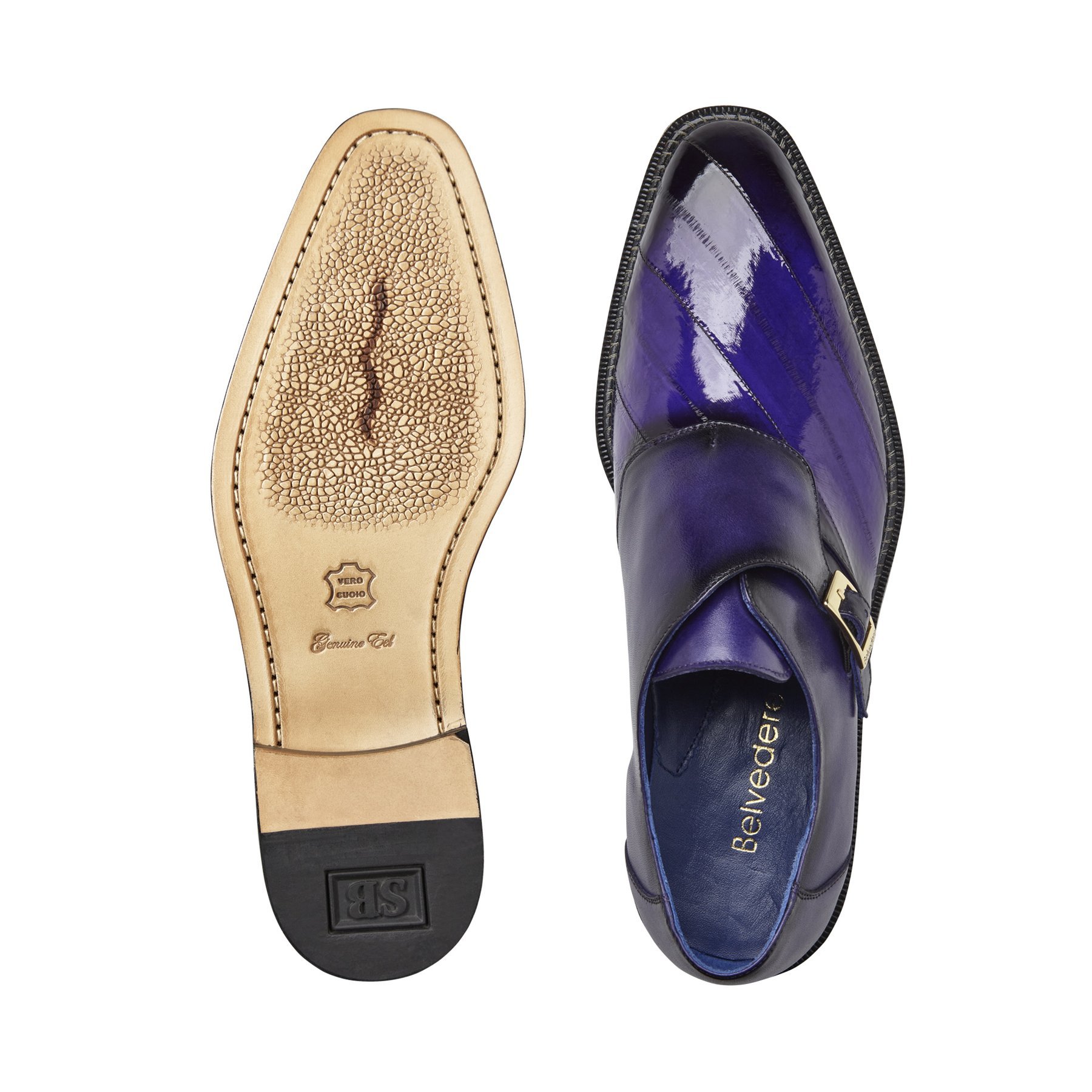 Top and bottom of Belvedere  Purple Eel and Calfskin Leather Monk Strap Shoes