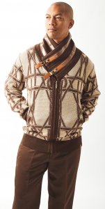 Silversilk Brown / Beige Buckled Shawl Collar Zip-Up Sweater 61019