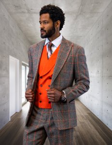 Statement "Benson" Coral / Beige / Black Cashmere Wool Vested Modern Fit Suit