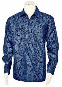 Pronti Navy Blue Paisley Design Velvet / Linen / Cotton Long Sleeve Shirt S6257