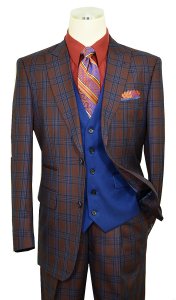 Steve Harvey Rust / Royal Blue / Navy Plaid Rayon Blend Vested Classic Fit Suit 218856SHS