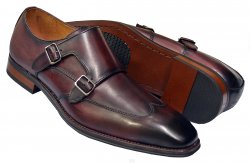 La Milano Burgundy Burnished Leather Double Monk Strap Wingtip Shoes A11576