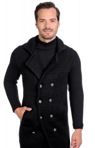 LCR Black Double Breasted Modern Fit Wool Blend 3/4 Length Pea Coat Sweater 6280