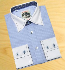 Insomnia Sky Blue Shadow Stripes With Navy Blue Hand Pick Stitching High Collar 100% Cotton Dress Shirt MZPT-1A