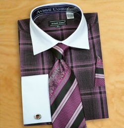 Avanti Uomo Lavender / Black Multi Plaid Dress Shirt / Tie / Hanky / Cufflinks Set DN62M
